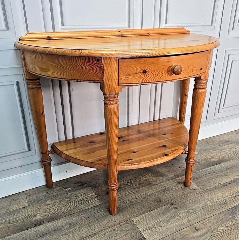 Vintage Ducal Console Table – Solid Pine Half Moon Hall Table Drawer Demi Lune