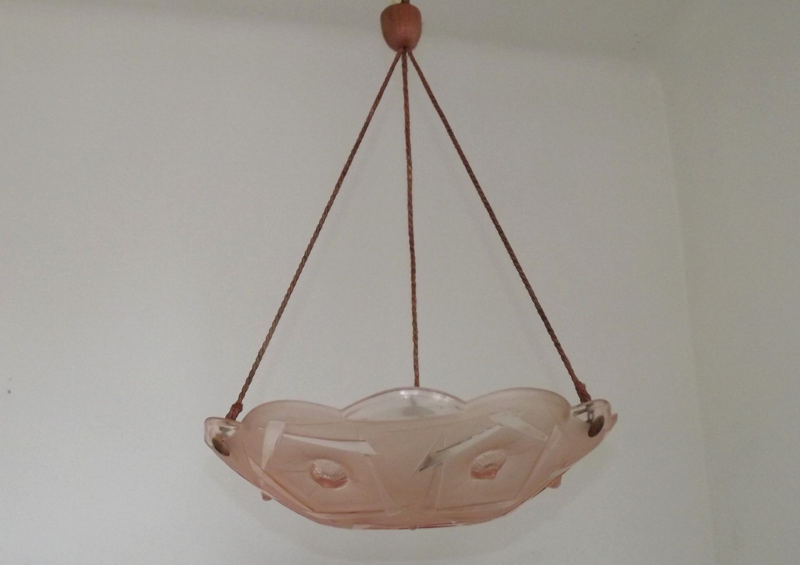 French Art Deco Stamped 1053 Pink Glass Plafonnier Hanging Light Pink Ropes photo furniture