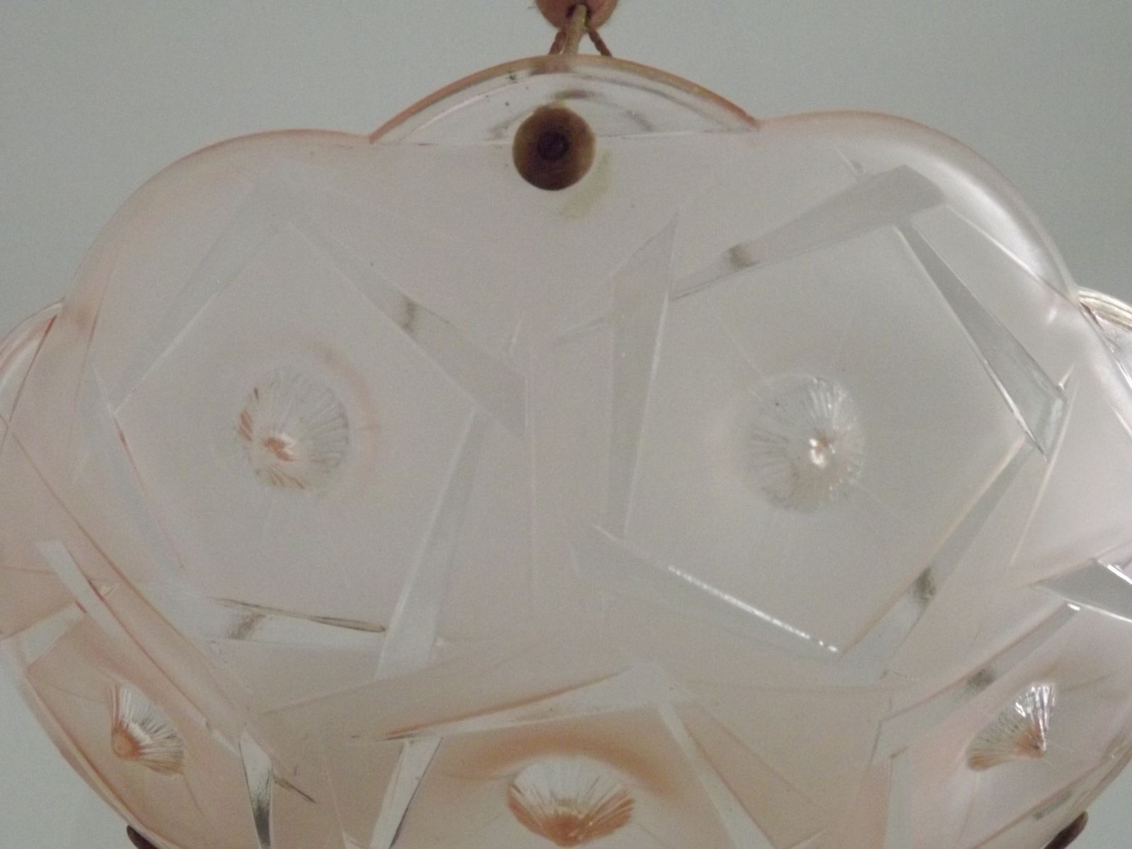Lighting French Art Deco Stamped 1053 Pink Glass Plafonnier Hanging Light Pink Ropes photo