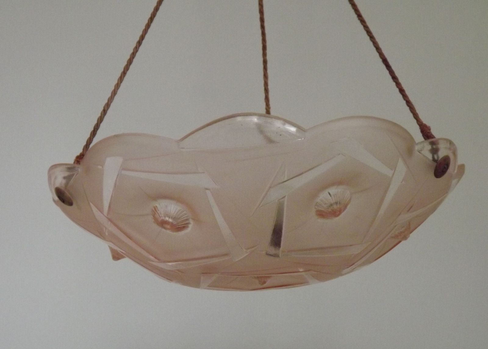 225.0 French Art Deco Stamped 1053 Pink Glass Plafonnier Hanging Light Pink Ropes photo