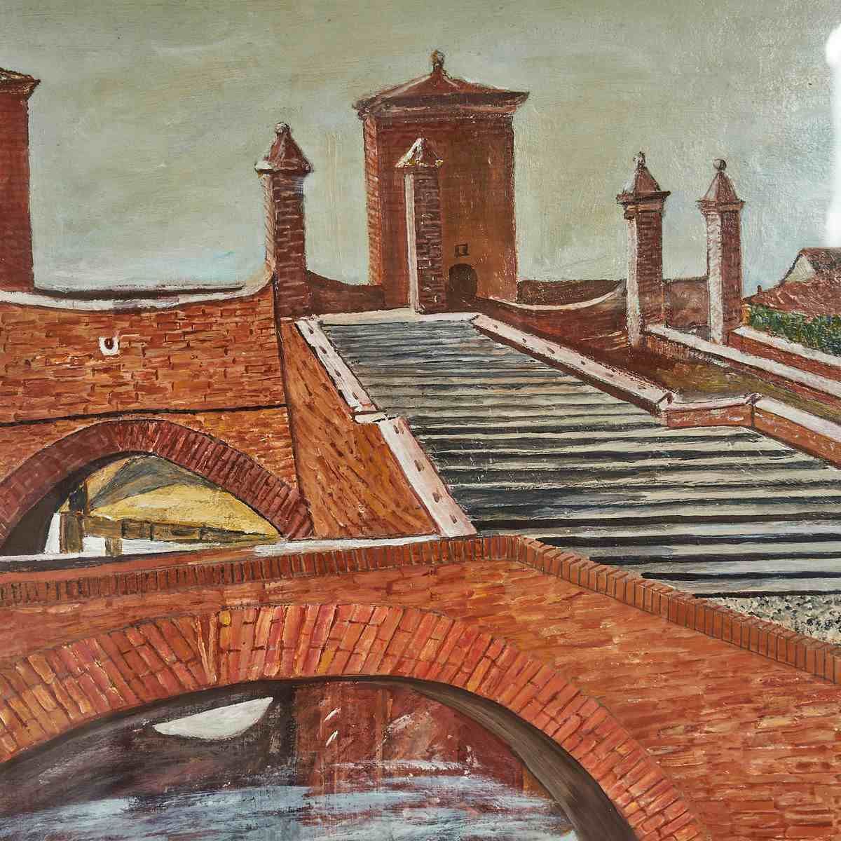 Oil On Vintage Panel: Three Bridges Of Comacchio By Pietro Bergami photo for sale