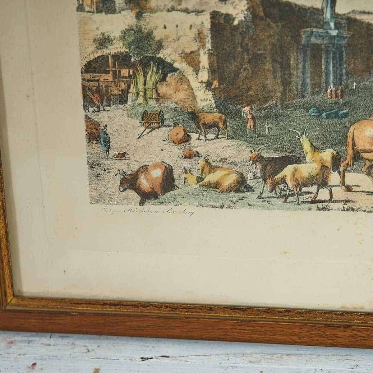 Antique Framed Engraving Print Depicting A Suggestive Landscape Scene With Classical Ruins photo furniture