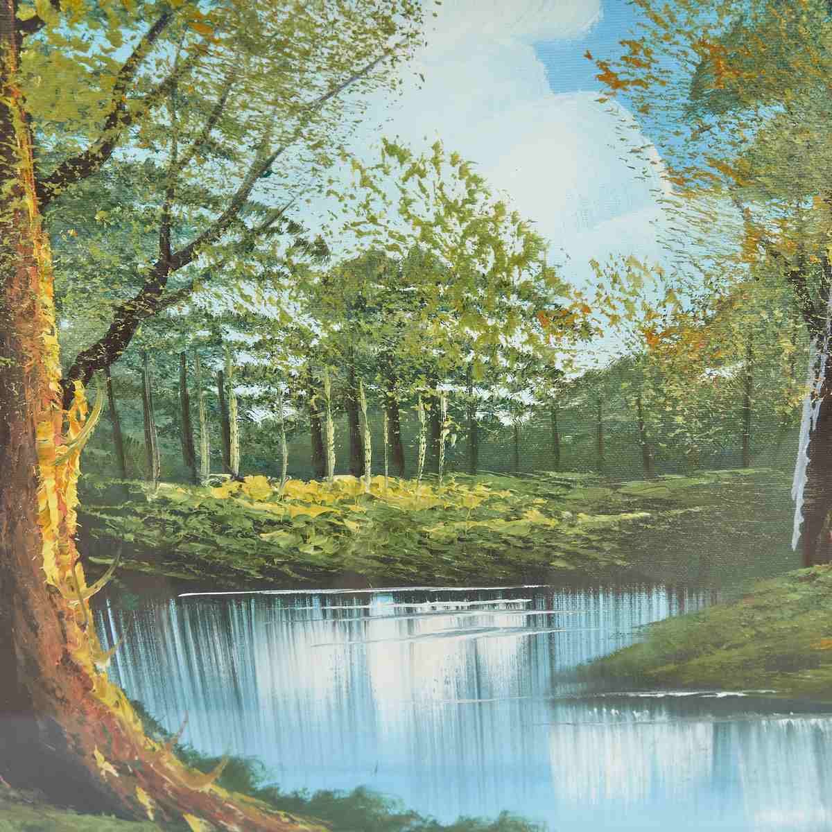 Oil On Canvas Elegant Landscape Painting With Golden Frame, 1980s photo 402.0