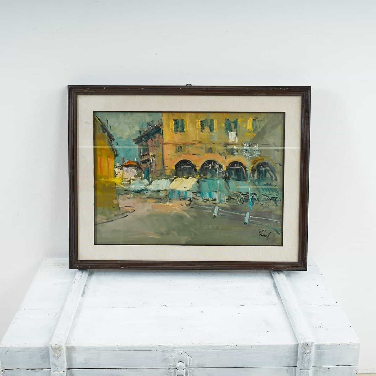 Olieverf Op Doek – Kleurrijk Marktfresco Van Renzo Piccoli, Kunstenaar Uit Ferrara (Italië)