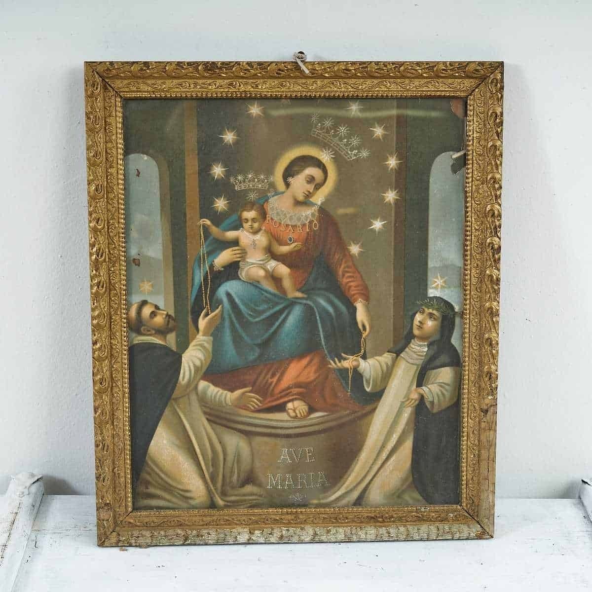 Oleography Madonna De Rosario Vintage Religious Icon With Golden Frame