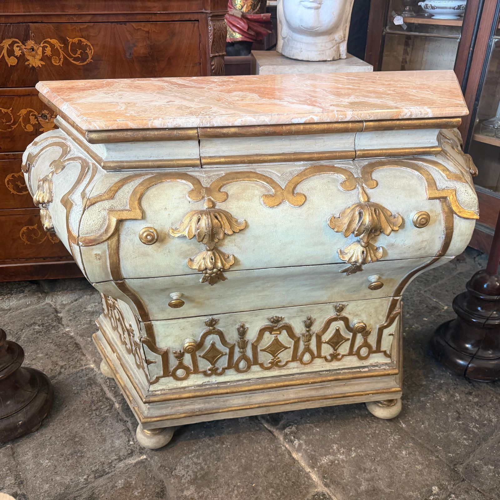 An Original Baroque Lacquered And Gilt Wood And Marble Venetian Chest Of Drawers photo vinterior