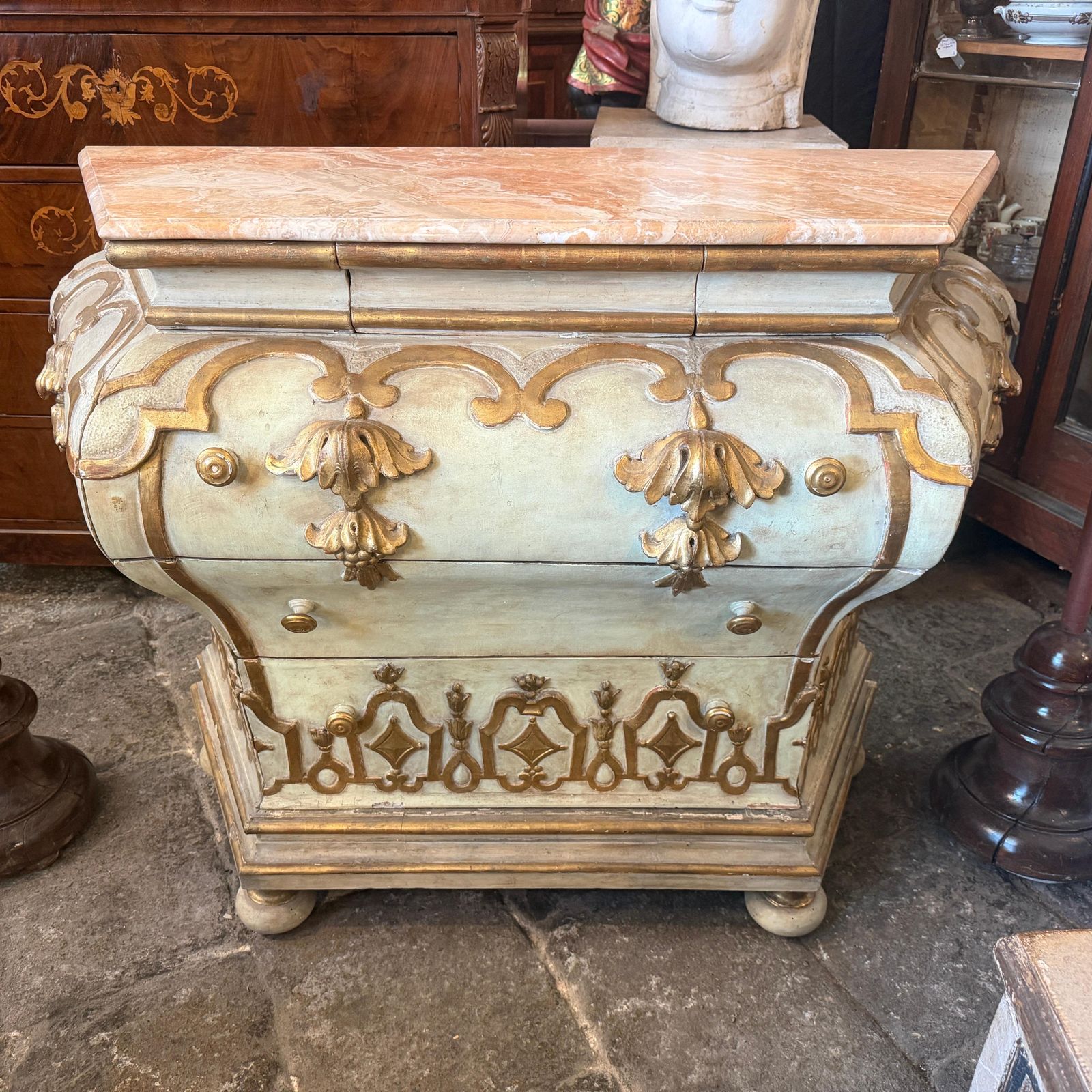 An Original Baroque Lacquered And Gilt Wood And Marble Venetian Chest Of Drawers photo vintage
