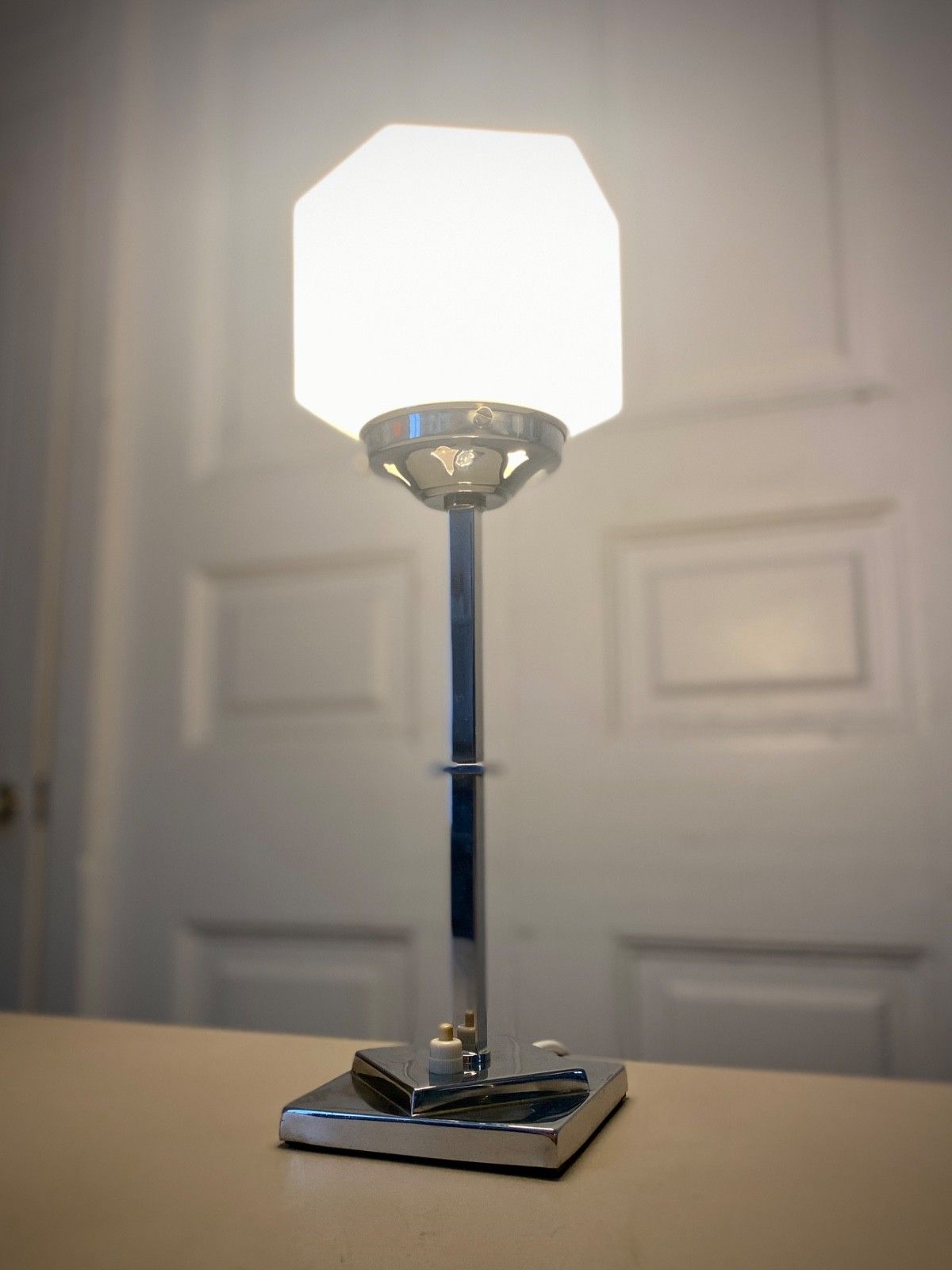 Original Art Deco Chrome With White Opaline Glass Globe Desk, Table Lamp. photo furniture