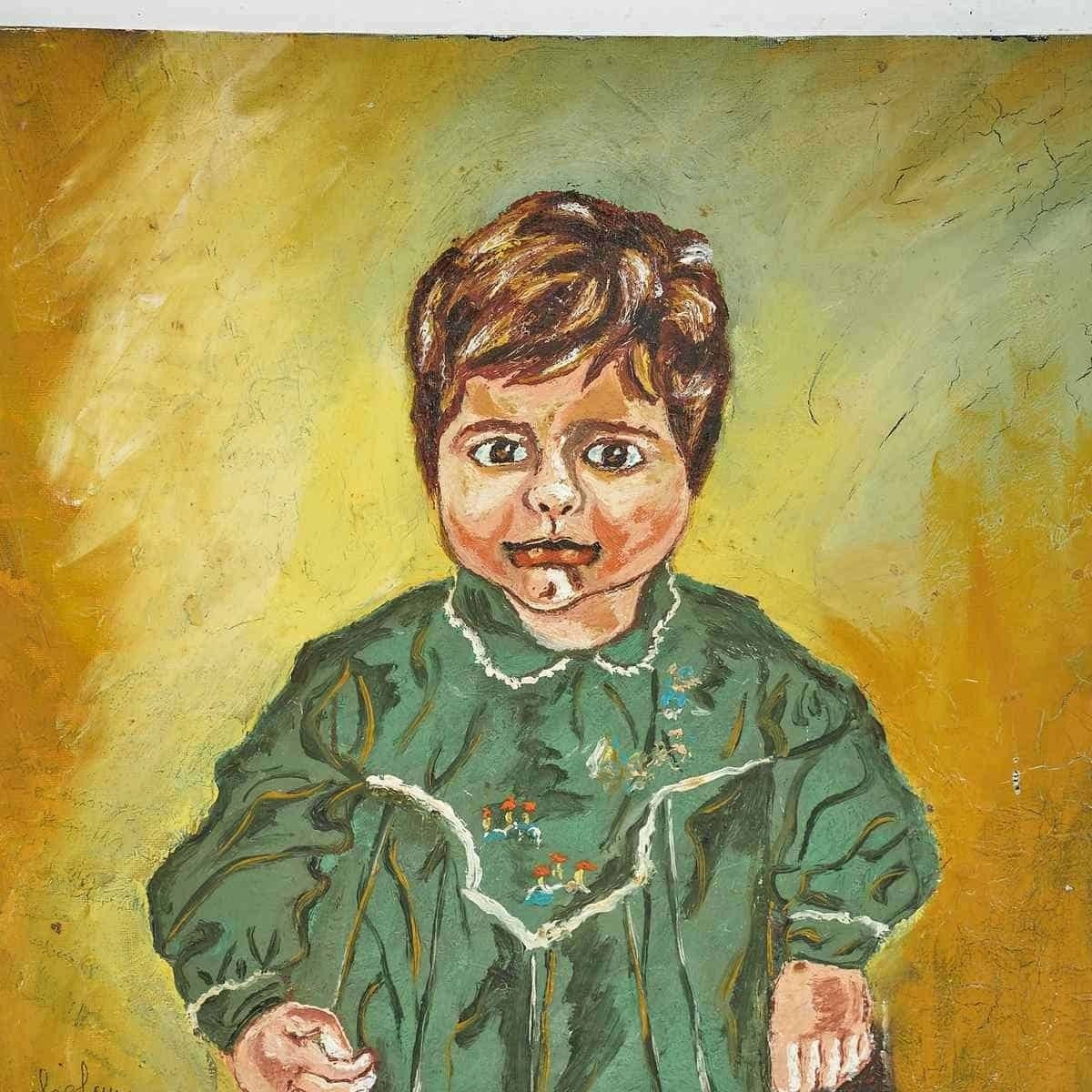 Portrait Of A Little Girl Oil On A Table From The 70s. photo furniture