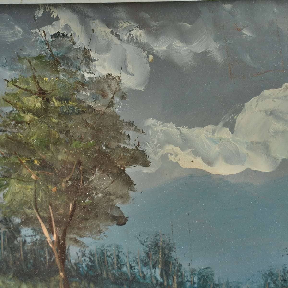Oil On Table Landscape Of Unidentified Signature, 1970s. photo for sale