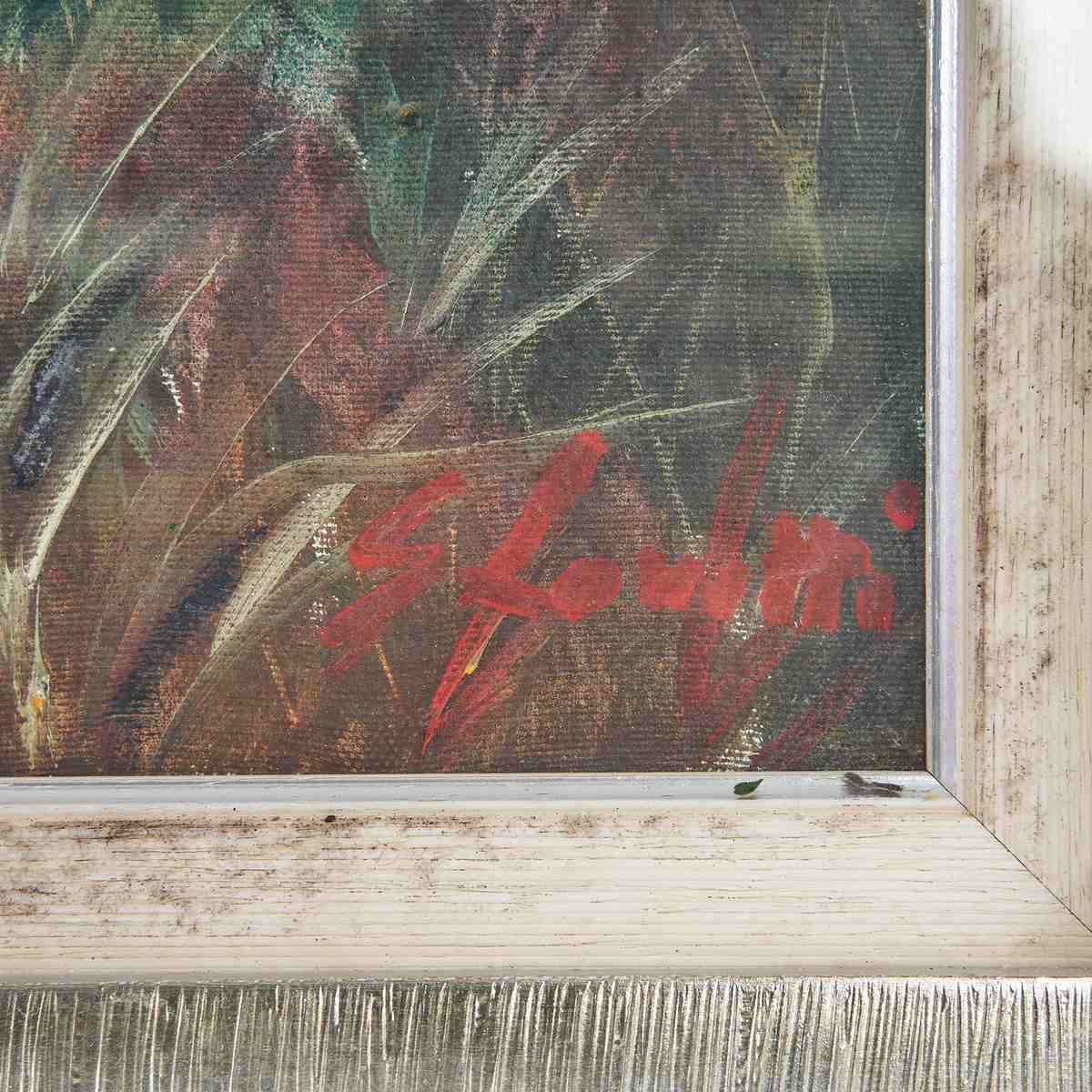 Oil On Canvas Flowers On Mountain Background: Unique Artwork By Giovanni Lovetti, Painter From Ferrara (Italy). photo furniture