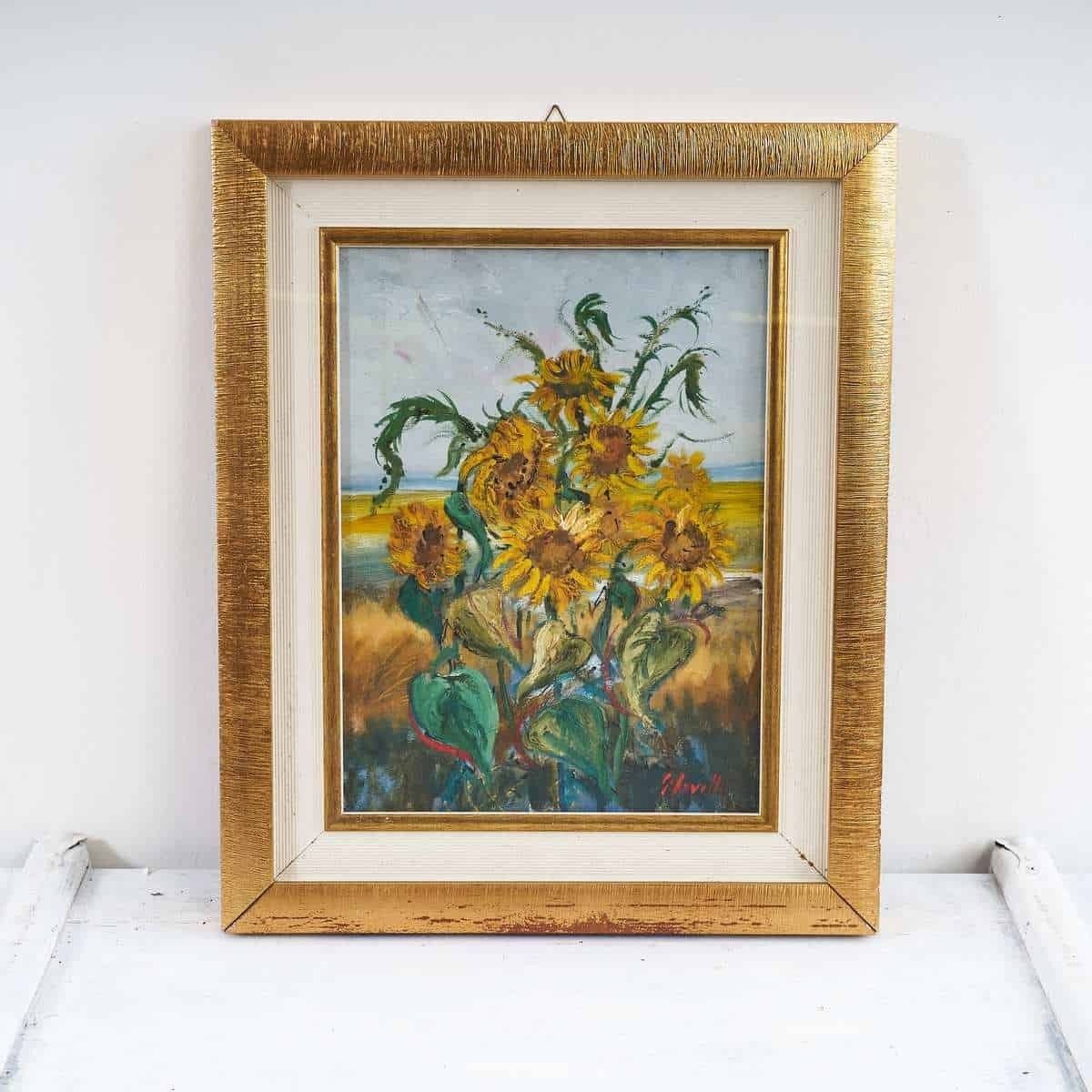 Oil On Canvas Refined Painting With Sunflowers By Giovanni Lovetti, Painter Born In Ferrara.