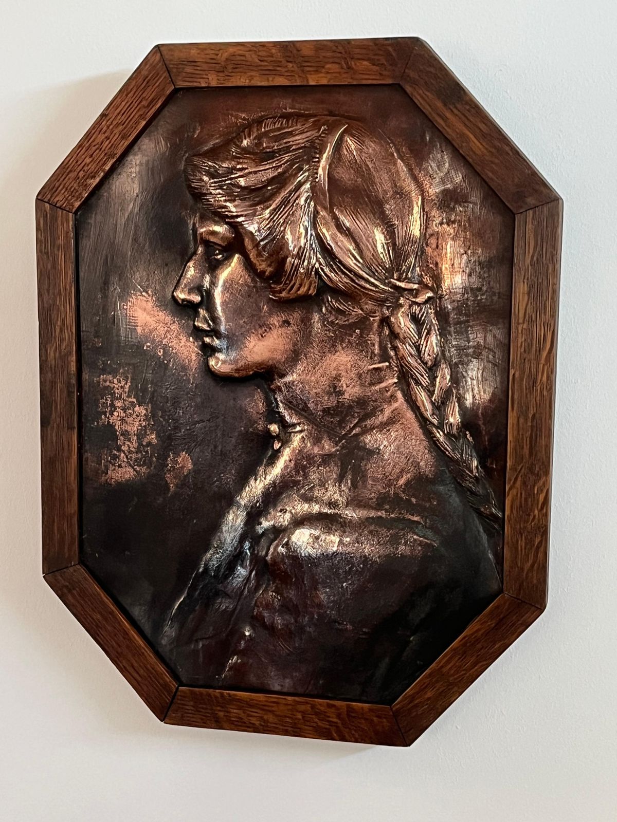 Aesthetic Movement Bronze Plaque Of A Lady In Oak Frame Handmade, Circa 1875 photo vintage