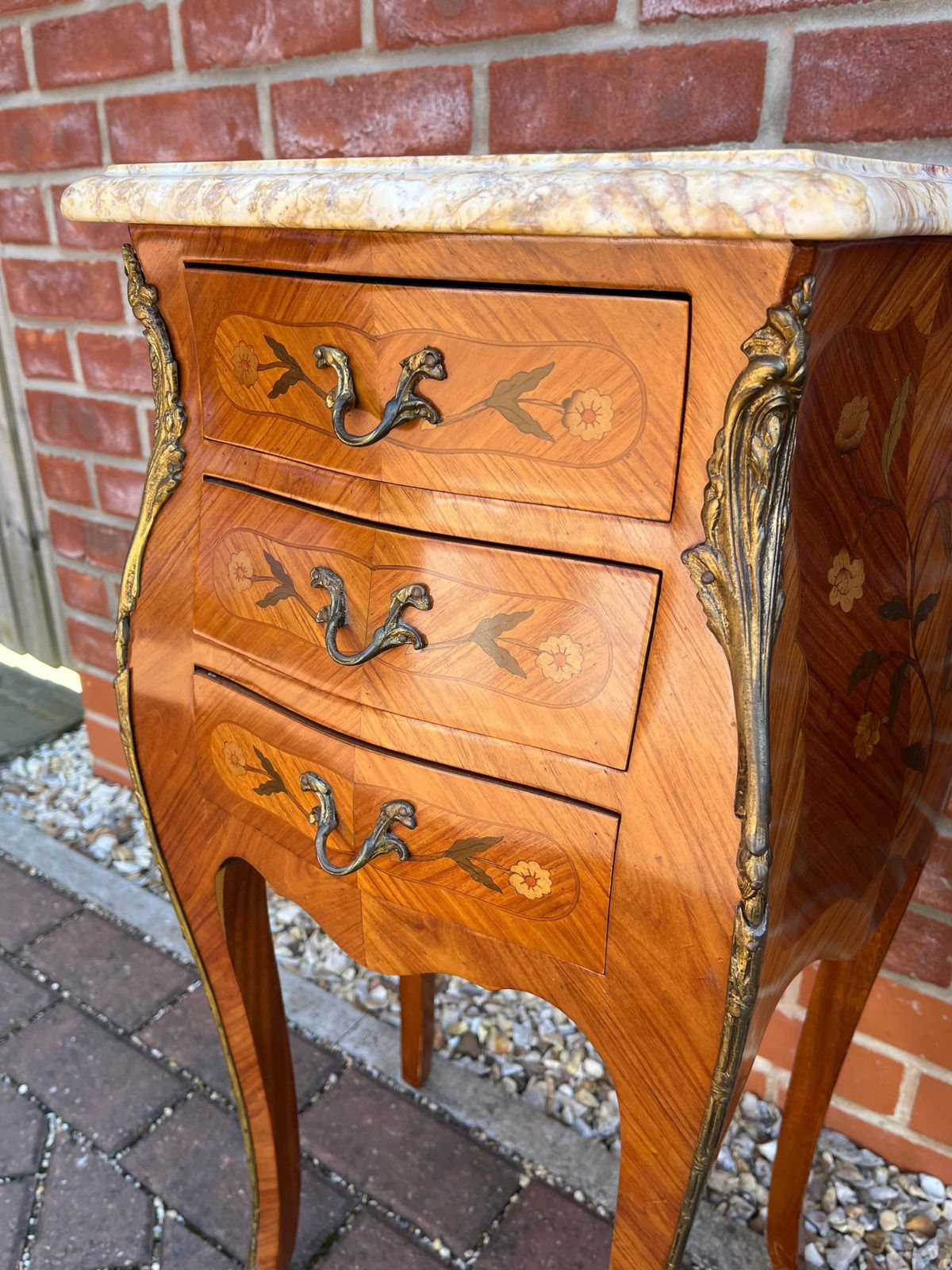 Pair Antique Bedside Cabinets Bombe Shape 3 Drawer Kingwood , France Ca 1900 photo vintage