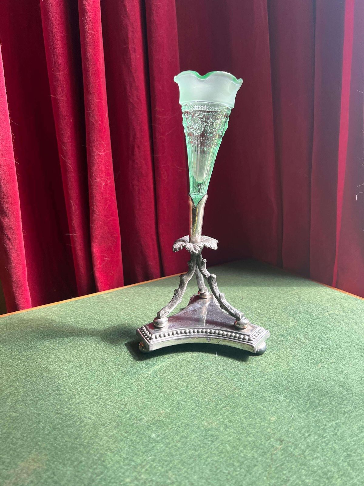 Victorian Epergne Vase. Green Glass On Decorative Silver Plate Base. Stamped James Dixon & Sons photo furniture