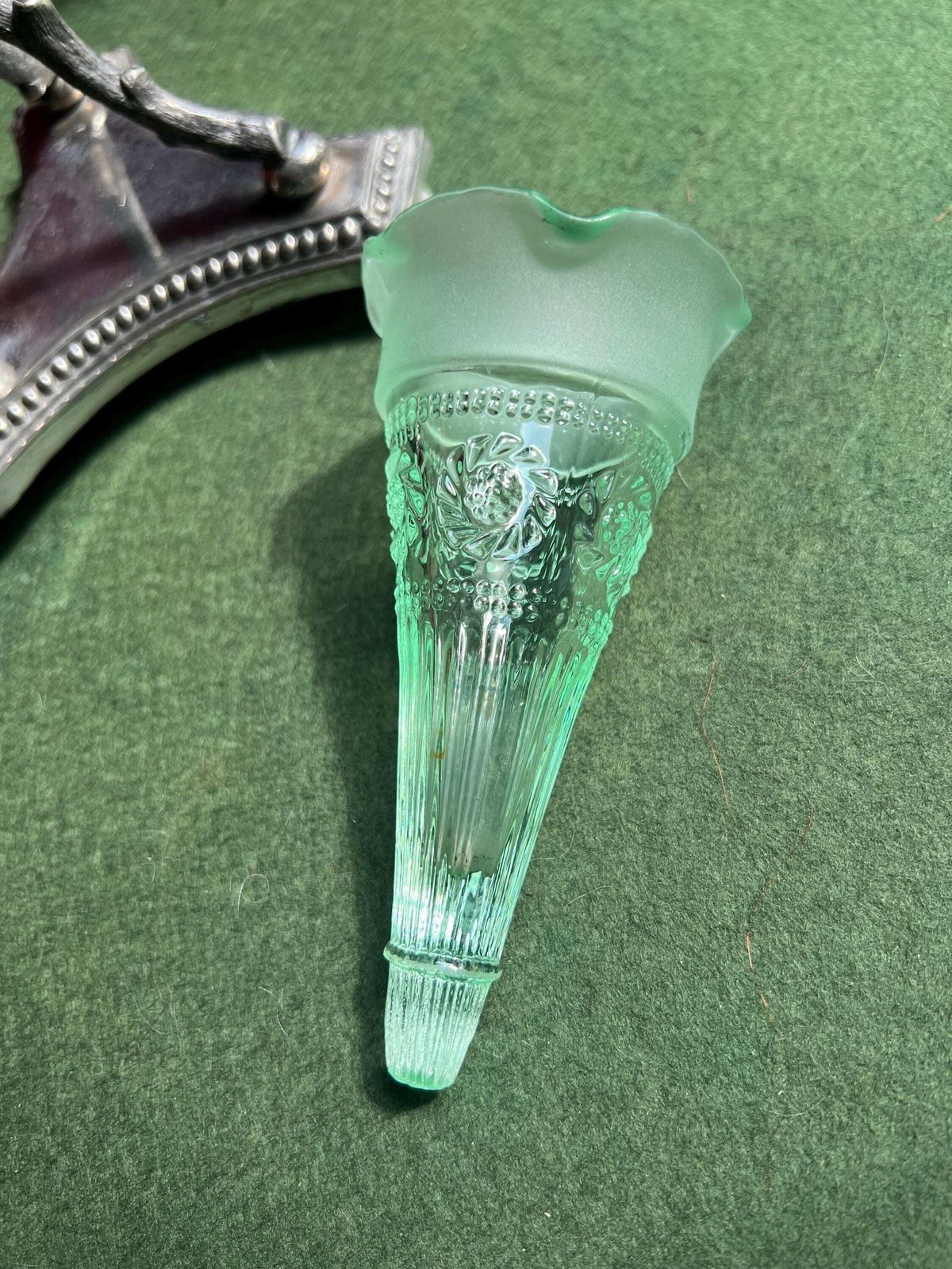 Victorian Epergne Vase. Green Glass On Decorative Silver Plate Base. Stamped James Dixon & Sons photo for sale