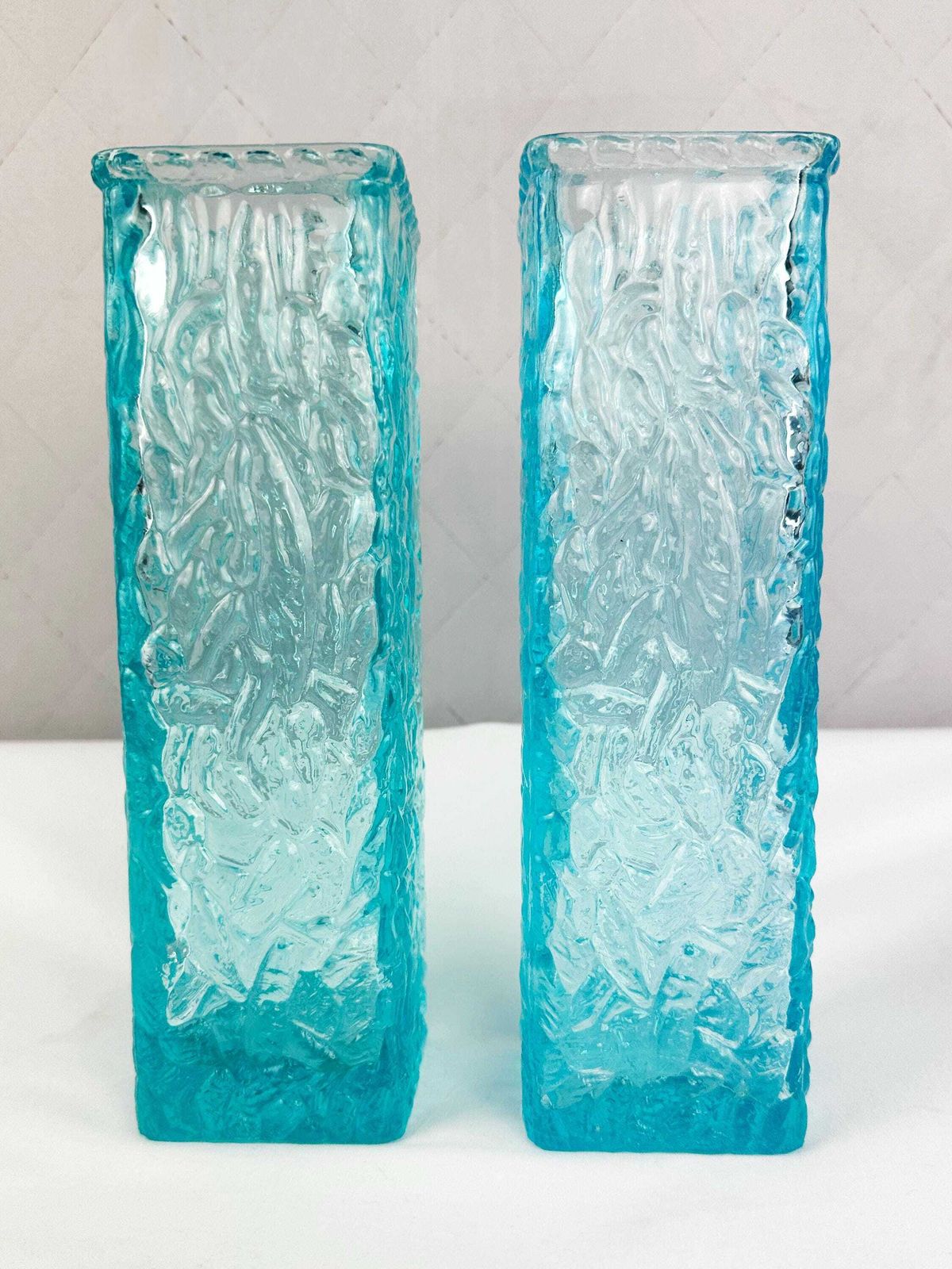 Pair Of Mid Century Davidson Brama Luna Turquoise Blue Vintage Glass Bark Vases 1960's photo furniture