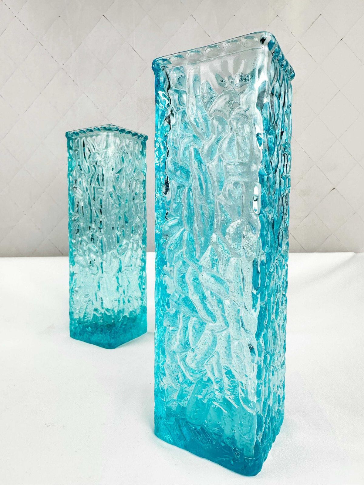 photo furniture Pair Of Mid Century Davidson Brama Luna Turquoise Blue Vintage Glass Bark Vases 1960's