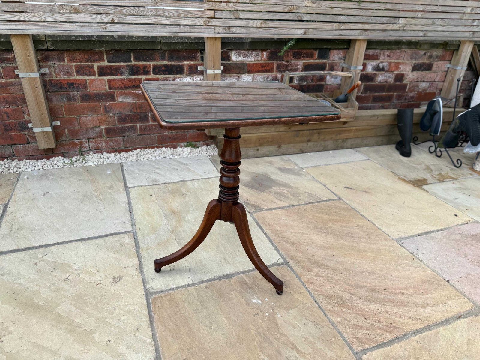 Antique Victorian Mahogany Wine Table, Pedestal Base And Glass Top