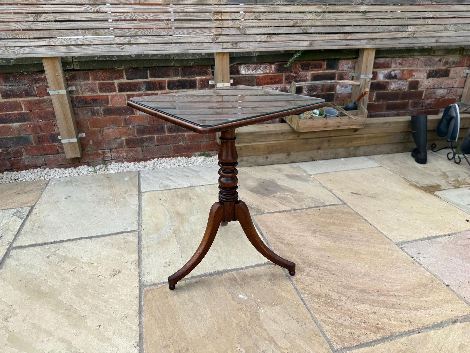 130.0 Antique Victorian Mahogany Wine Table, Pedestal Base And Glass Top photo