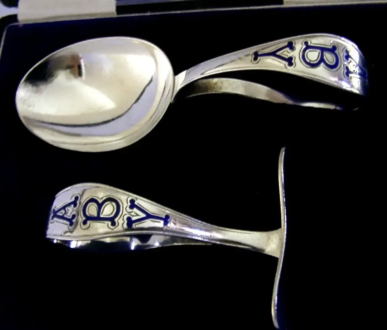 Sterling Zilveren Emaille Baby Voedingsset Doopgeschenk 1922 Antiek
