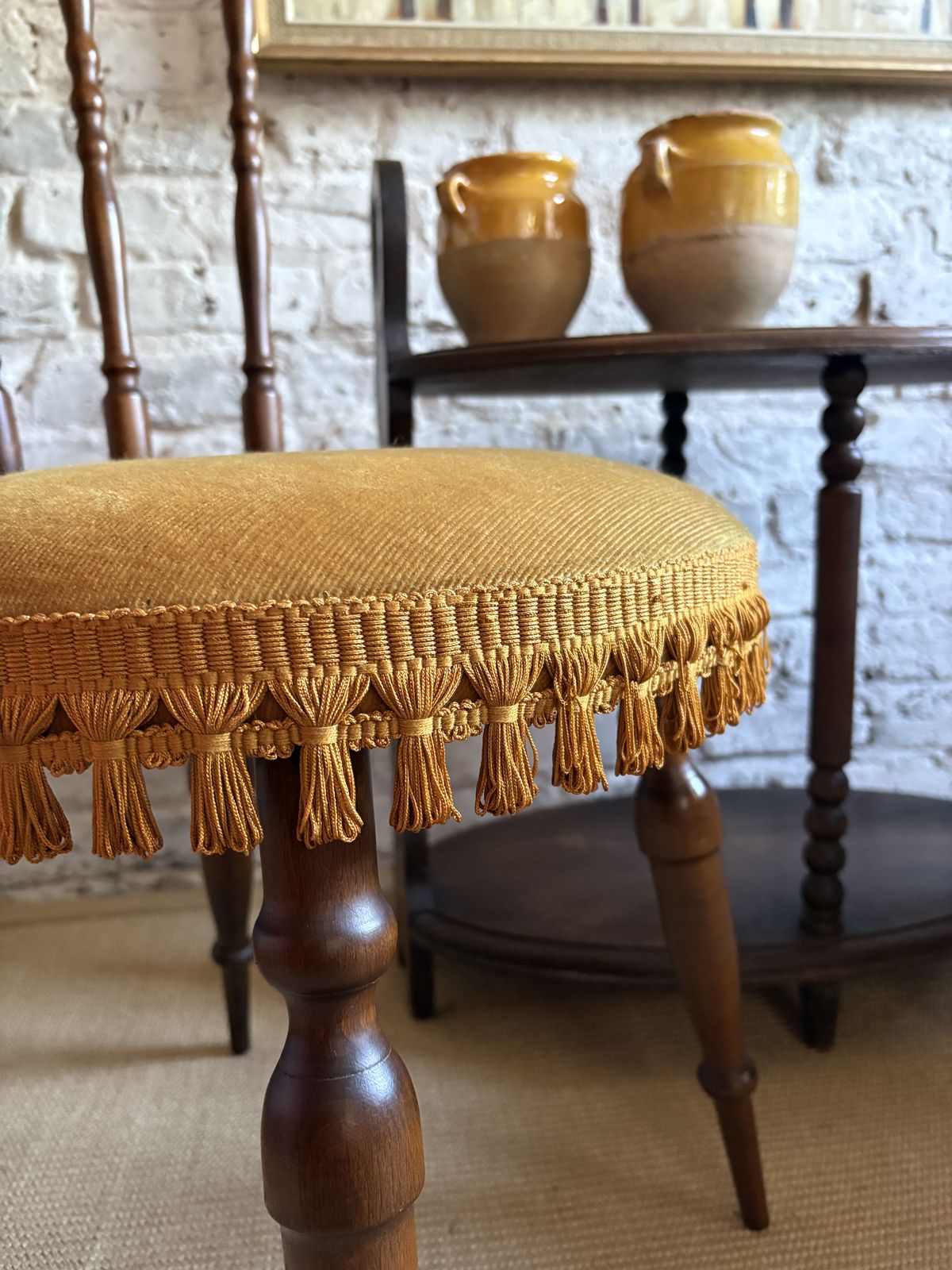 photo for sale A Pair Of French Upholstered Occasional Chairs With Tassel Trim