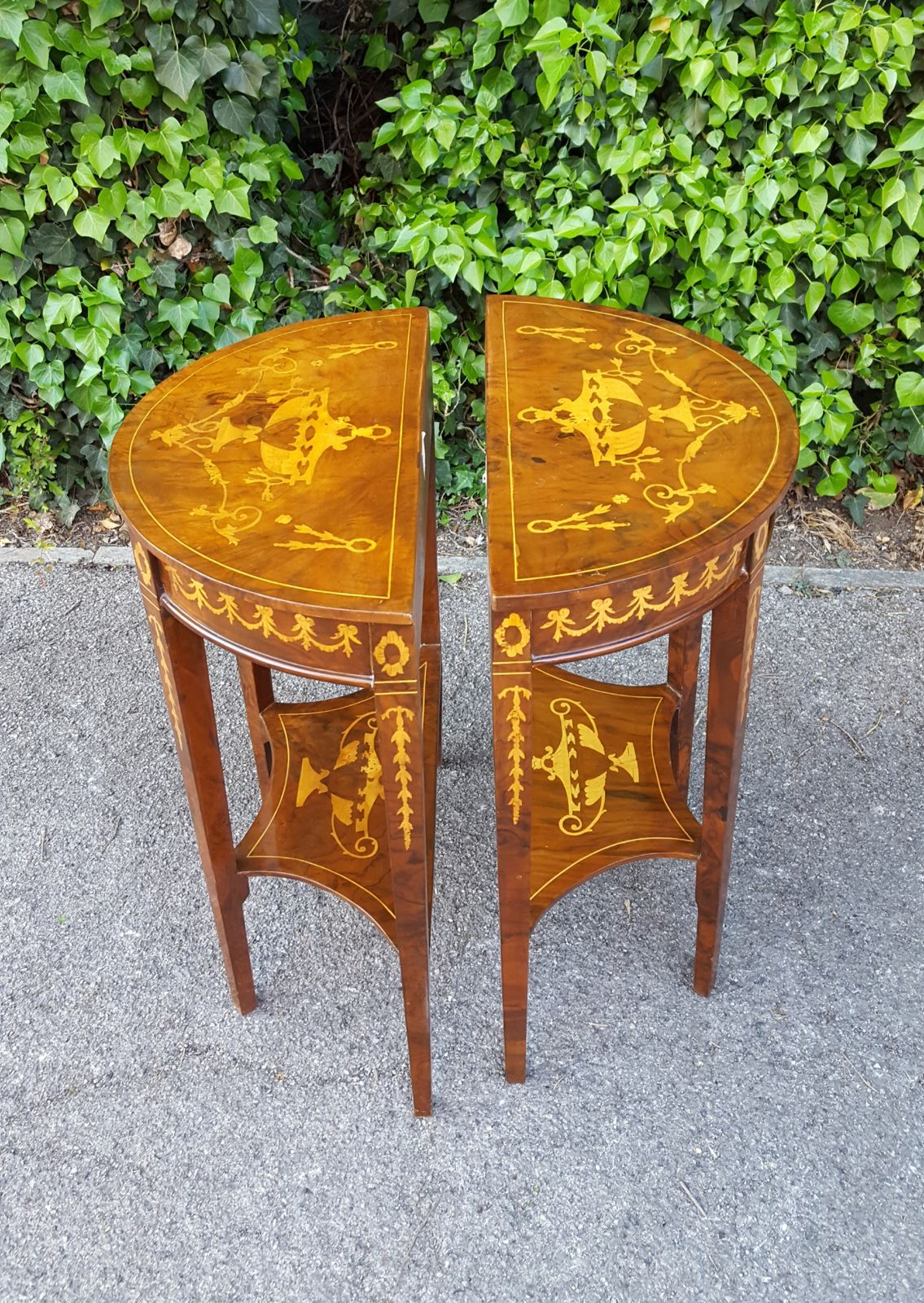 Matching Pair Of Walnut Single Drawer Demi Lune Hall Tables photo 475.0