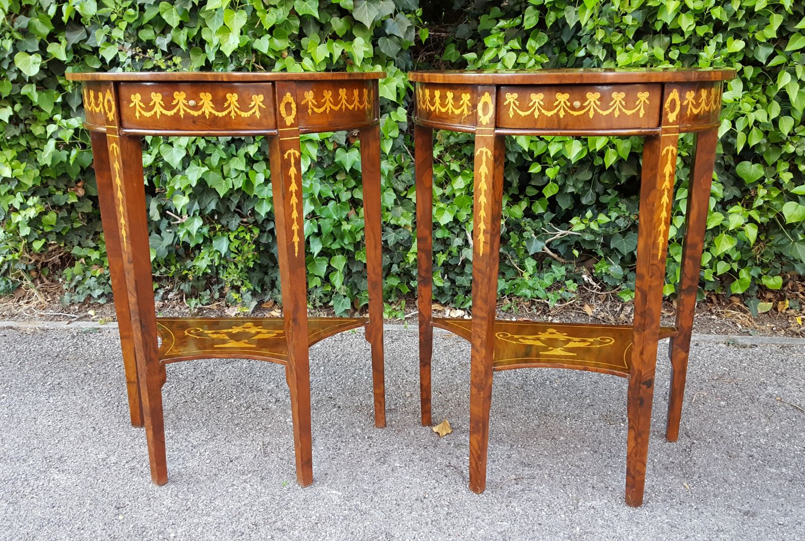 Matching Pair Of Walnut Single Drawer Demi Lune Hall Tables photo buy
