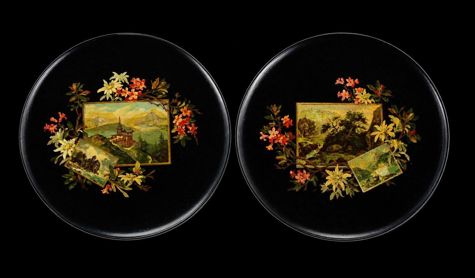 photo furniture Antiek Napoleon III Papier Maché Lak Borden/Plaques, Paar, Handgeschilderd, Frans Wanddecor, Victoriaans, Zwart Lak Met Bloemen En Landschappen