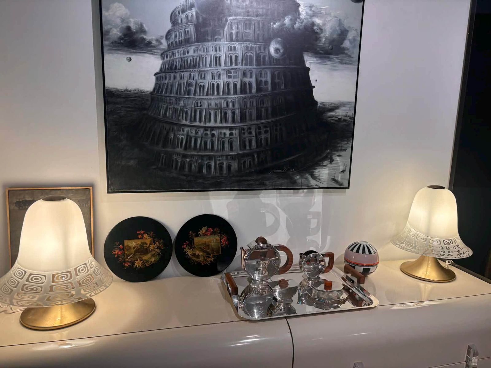 photo for sale Antique Napoleon III Papier Mâché Lacquer Plates/Plaques Pair Hand Painted French Wall Decor Victorian Catchall, Black Lacque Floral Scenic