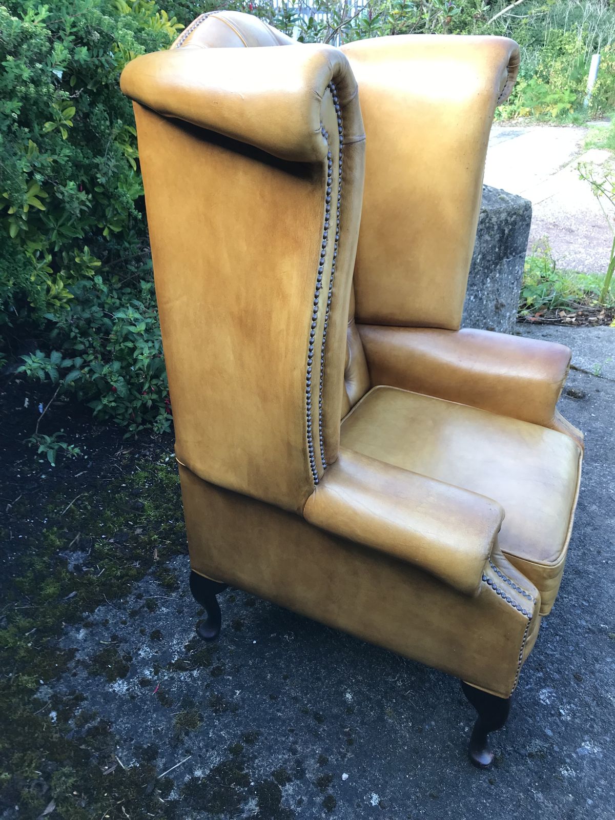 Vintage Hand Dyed Ochre Leather Chesterfield Wing Armchair photo Furniture
