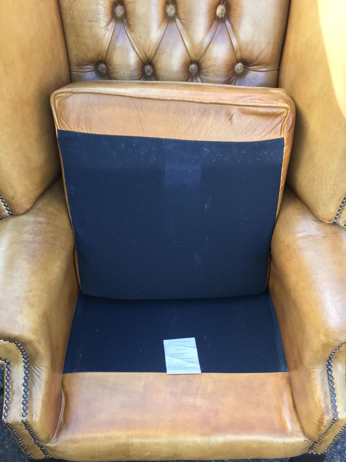 photo for sale Vintage Hand Dyed Ochre Leather Chesterfield Wing Armchair