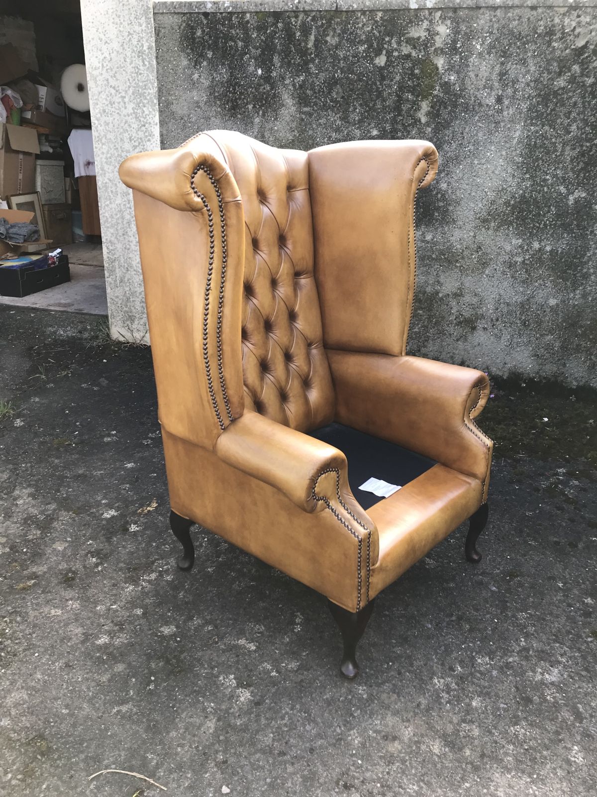 photo vintage Vintage Hand Dyed Ochre Leather Chesterfield Wing Armchair