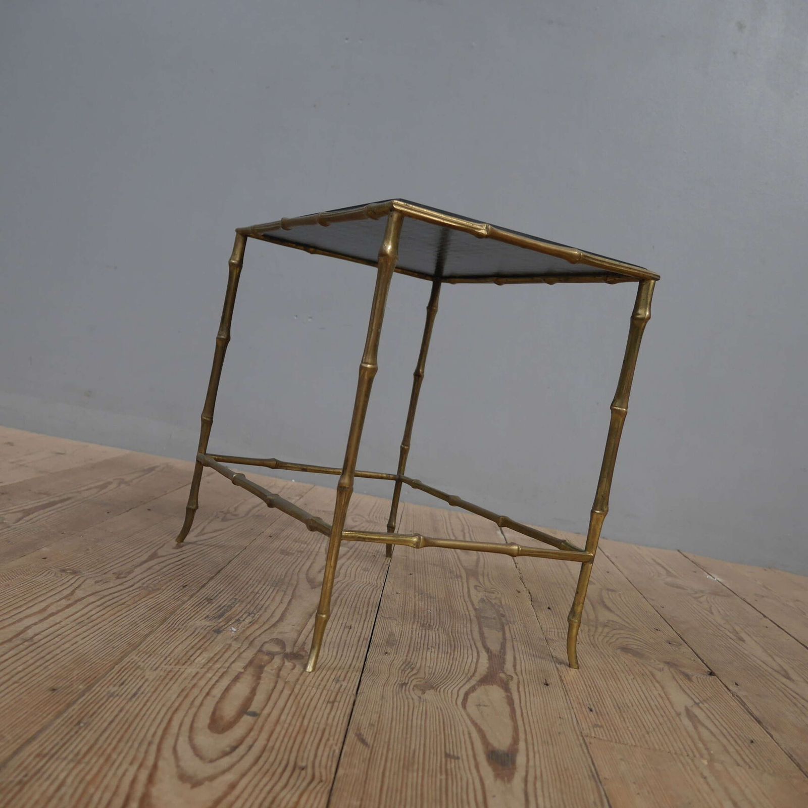 Maison Bagues Faux Bamboo Brass & Vitrolite Side Table photo vintage