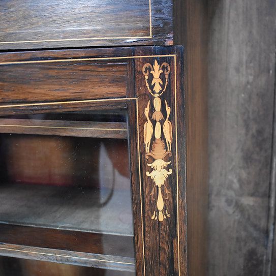 Antique Exquisite Inlaid Rosewood Satinwood Glazed Bookcase Leather Insert Desk photo for sale