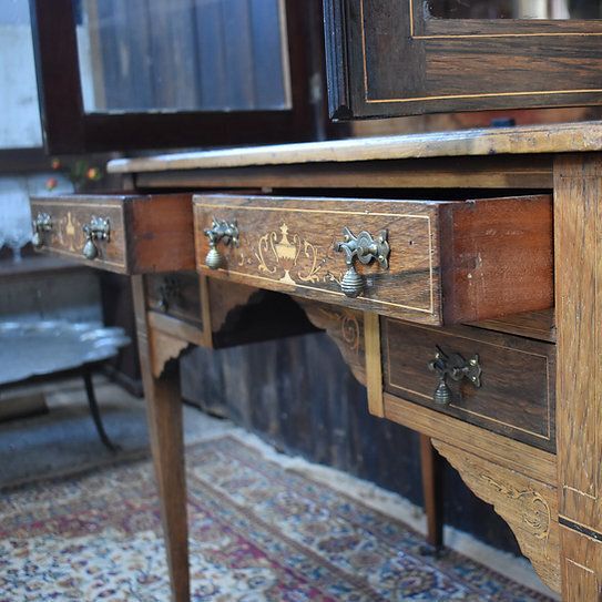 photo for sale Antique Exquisite Inlaid Rosewood Satinwood Glazed Bookcase Leather Insert Desk