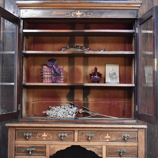 795.0 Antique Exquisite Inlaid Rosewood Satinwood Glazed Bookcase Leather Insert Desk photo
