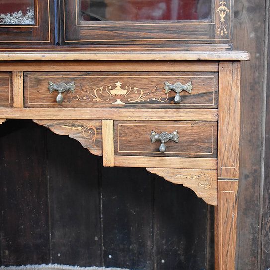 photo buy Antique Exquisite Inlaid Rosewood Satinwood Glazed Bookcase Leather Insert Desk