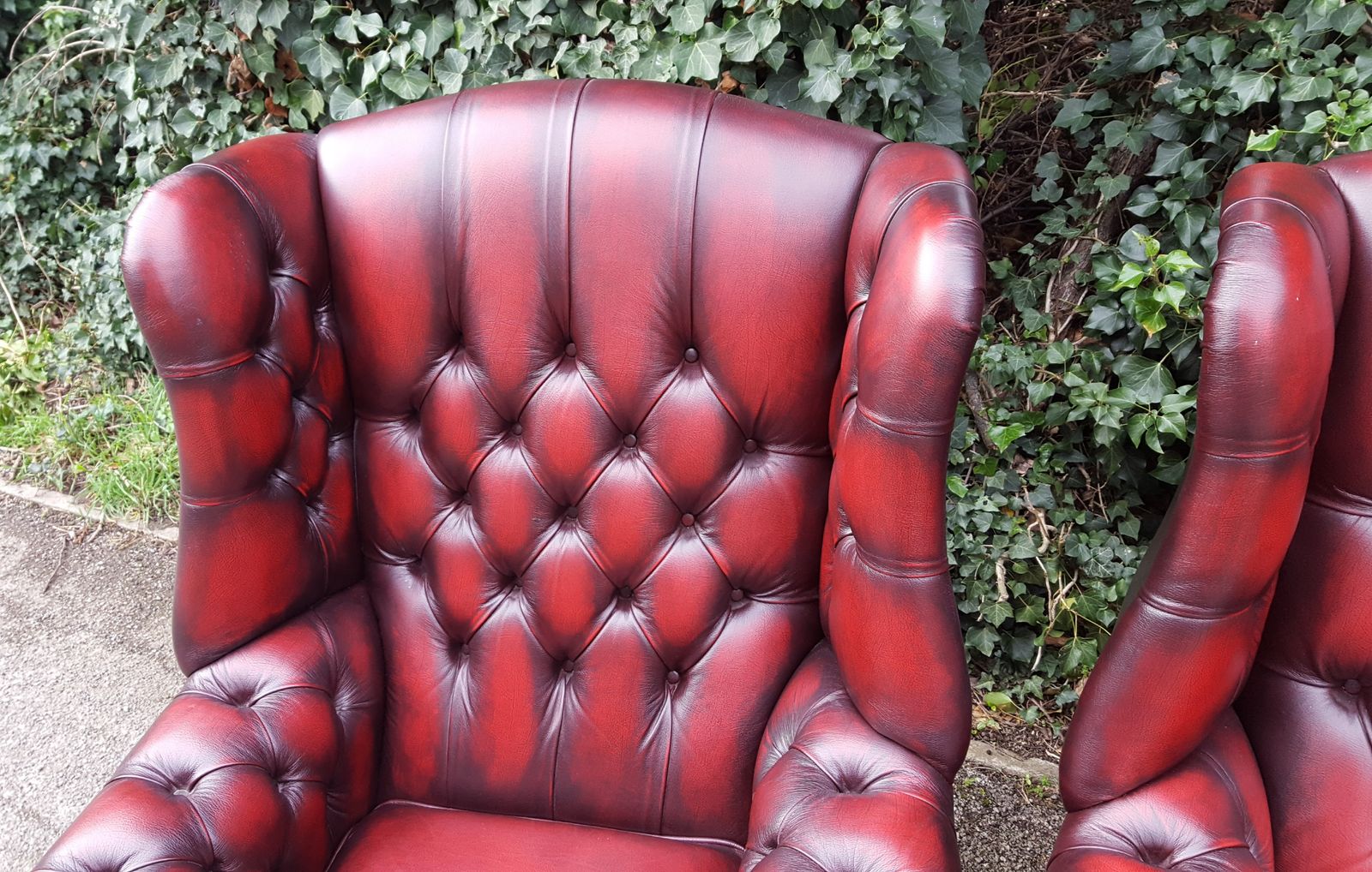 Matching Pair Of Mahogany Red Leather Chesterfield Wingback Armchairs photo furniture