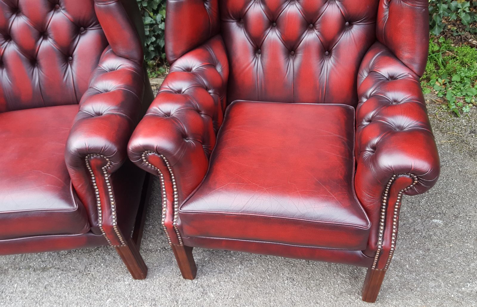 Matching Pair Of Mahogany Red Leather Chesterfield Wingback Armchairs photo for sale