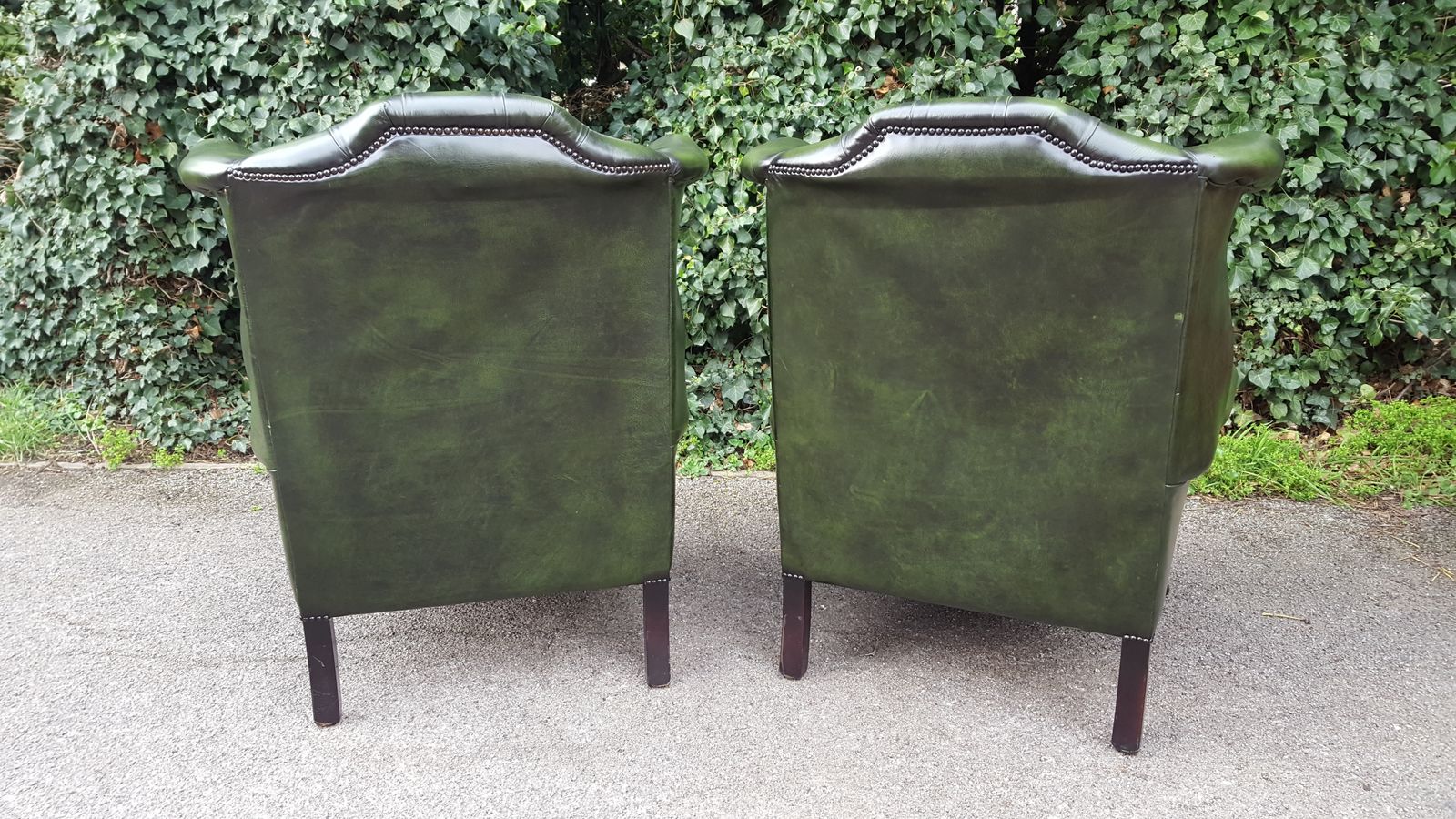 Matching Pair Of Mahogany Green Leather Chesterfield Wingback Armchairs photo furniture