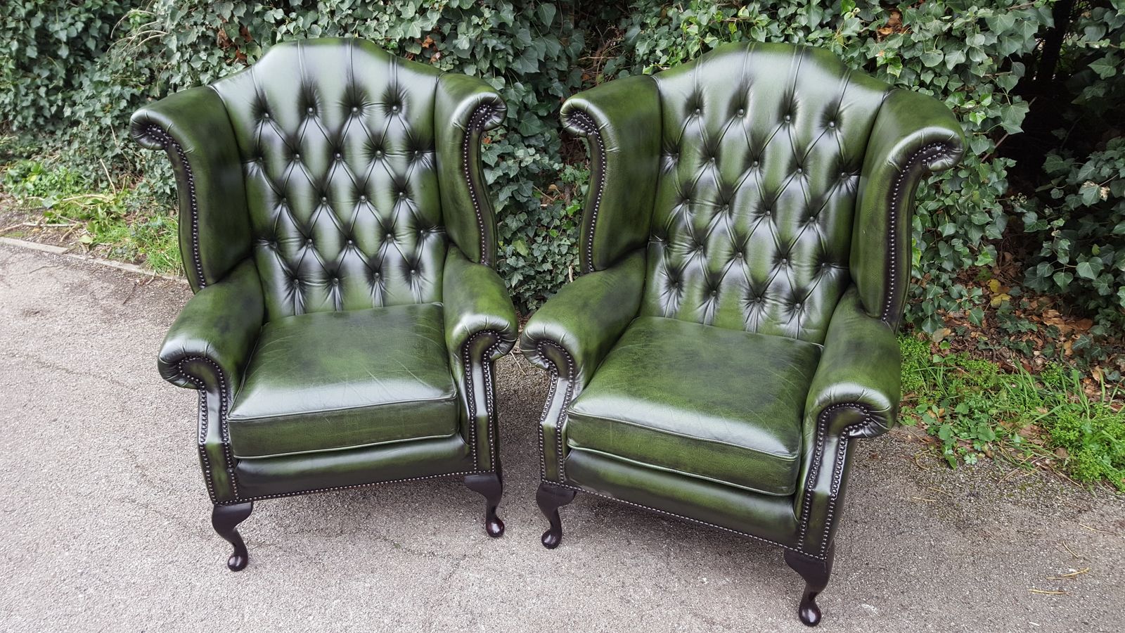 Matching Pair Of Mahogany Green Leather Chesterfield Wingback Armchairs photo Furniture