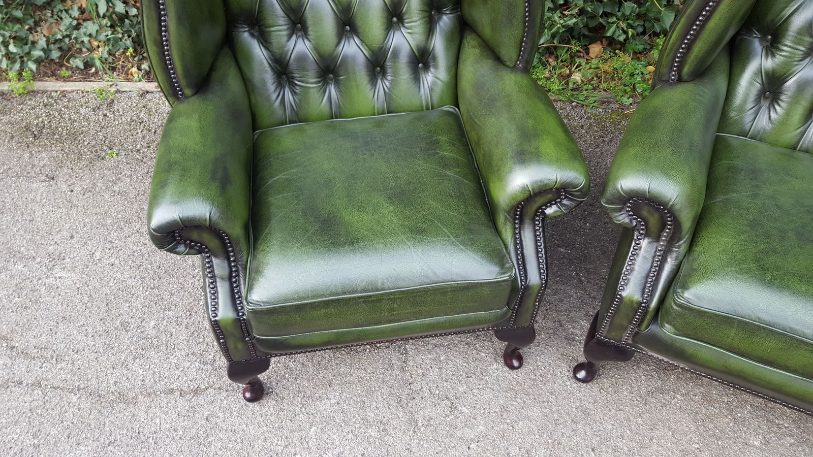 Matching Pair Of Mahogany Green Leather Chesterfield Wingback Armchairs photo buy