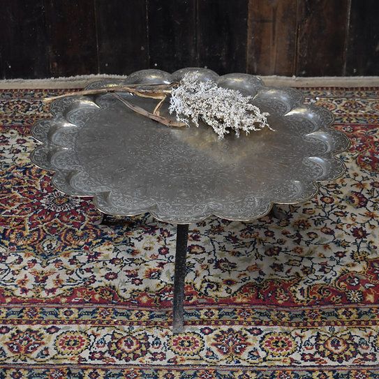 Antique Indian Kashmir Hand Engraved Scalloped Brass Wrought Iron Side Tea Table photo furniture