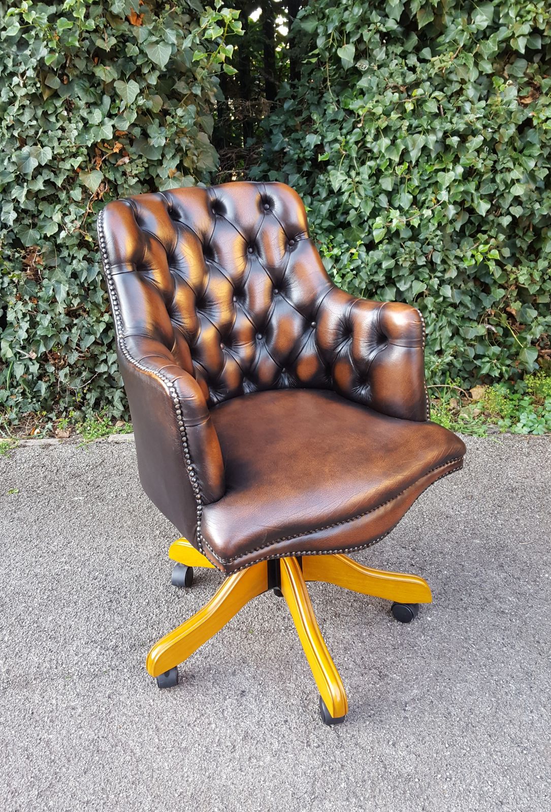 Antique Style Brown Leather Swivel Desk Chair