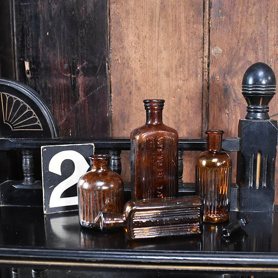 Antique Victorian Apothecary Not To Be Taken Poison Brown Glass Bottle Set Of 4 photo vinterior