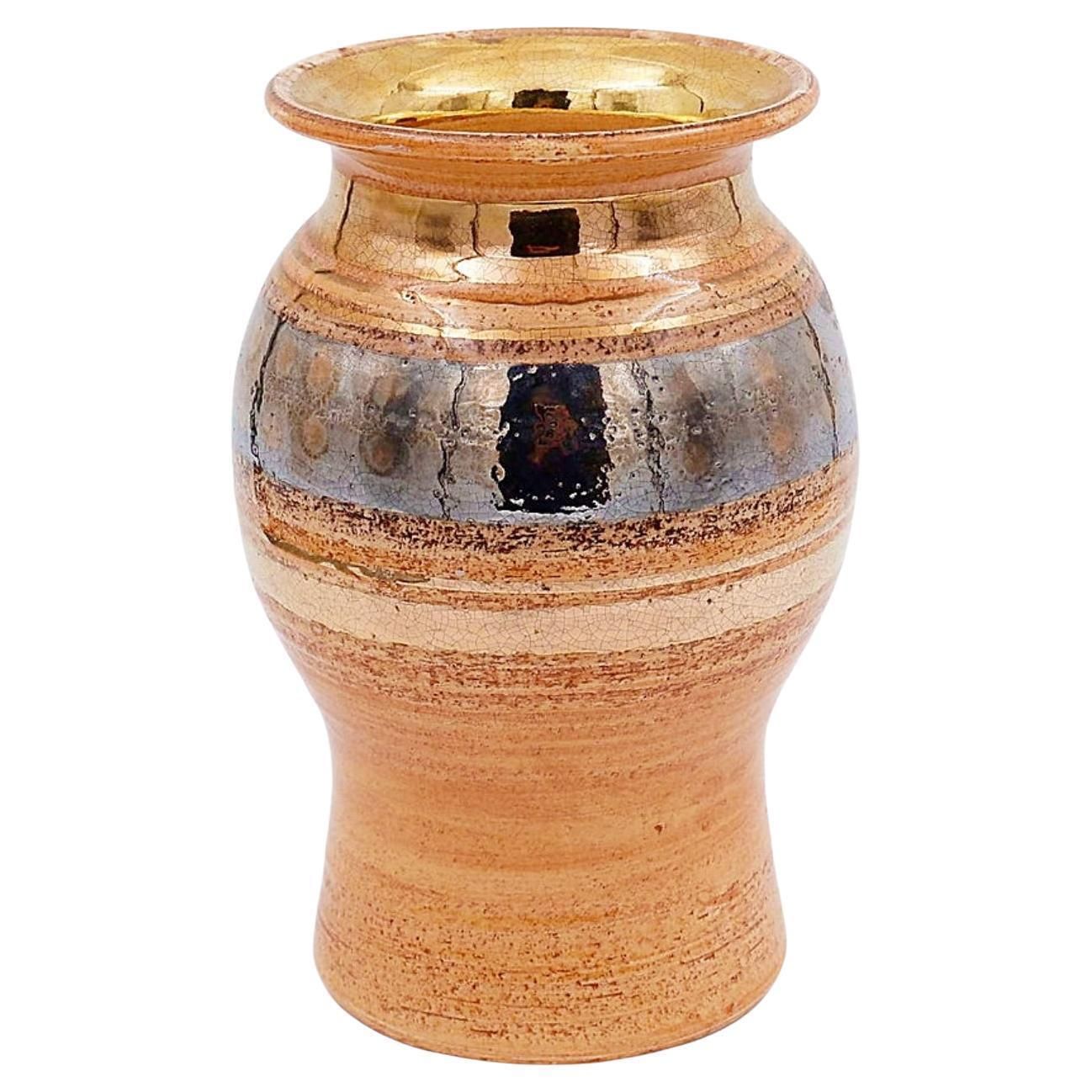 Shiny Ceramic Vase Gold Glaze Colors By Georges Pelletier Vallauris   1960s