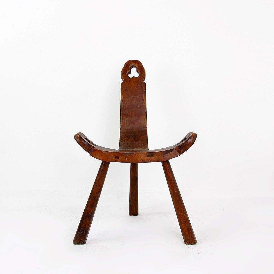 Primitive French Wooden Carved Tripod Chair, Wabi Sabi Style, Early 20th Century photo 283.0