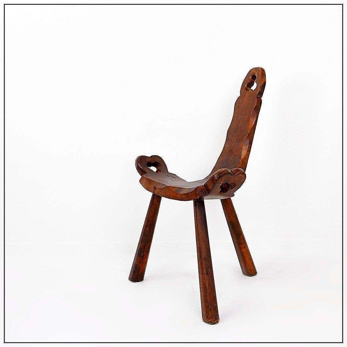photo furniture Primitive French Wooden Carved Tripod Chair, Wabi Sabi Style, Early 20th Century