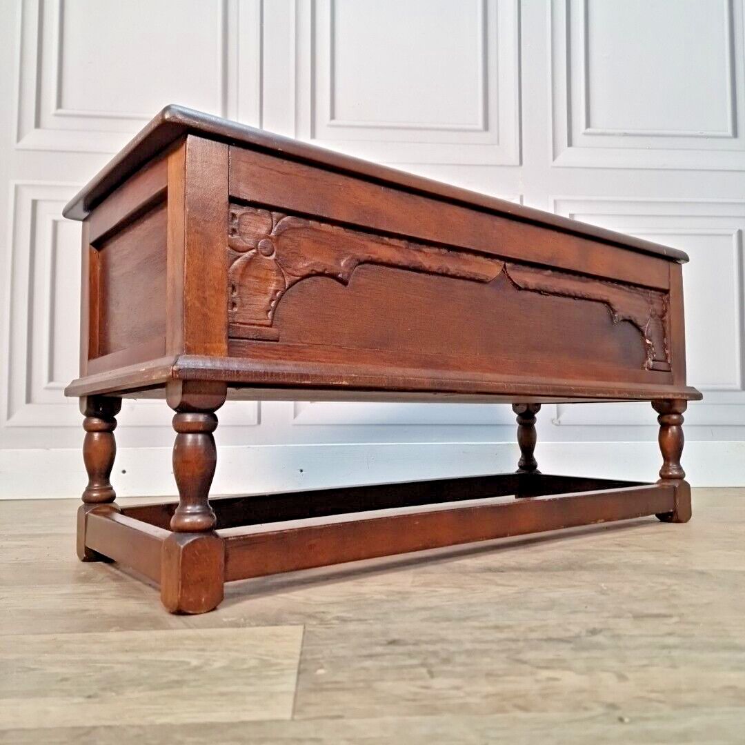 Antique Wooden Carved Blanket Box Mule Chest Trunk Table On Turned Stand Oak